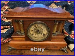 Antique Seth Thomas Adamantine 4 Column Mantle Clock Lions Heads beautiful wood