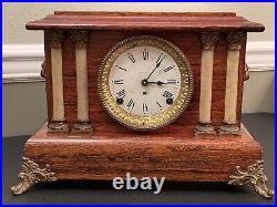 Antique Seth Thomas Adamantine 4 Pillar Mantel Clock, Mahogany Cabinet, Works