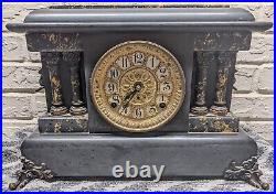 Antique Seth Thomas Adamantine Faux Marble 295 Lion Head Black Mantel Clock