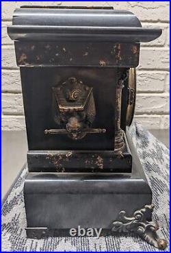 Antique Seth Thomas Adamantine Faux Marble 295 Lion Head Black Mantel Clock