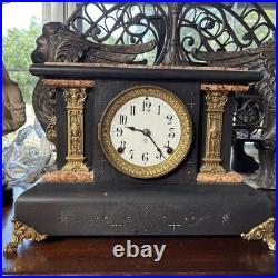 Antique Seth Thomas Adamantine Faux Marble Lion Head Woman Mantle Clock