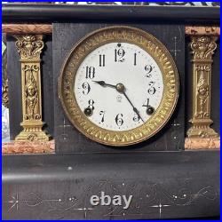 Antique Seth Thomas Adamantine Faux Marble Lion Head Woman Mantle Clock
