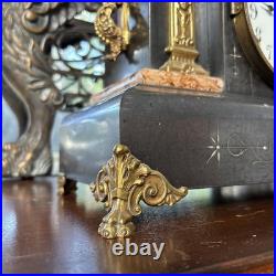 Antique Seth Thomas Adamantine Faux Marble Lion Head Woman Mantle Clock