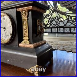 Antique Seth Thomas Adamantine Faux Marble Lion Head Woman Mantle Clock