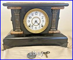 Antique Seth Thomas Adamantine Faux Marble Lion Head Woman Mantle Clock WithKey