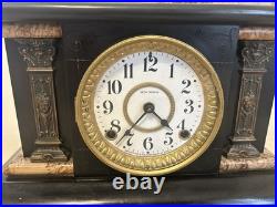 Antique Seth Thomas Adamantine Faux Marble Lion Head Woman Mantle Clock WithKey