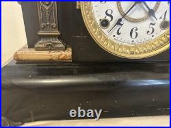 Antique Seth Thomas Adamantine Faux Marble Lion Head Woman Mantle Clock WithKey