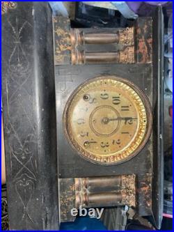 Antique Seth Thomas Adamantine Faux Marble Lion Head Woman Mantle Clock Works