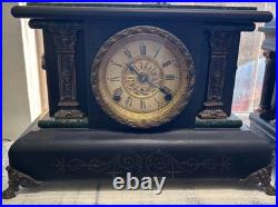 Antique Seth Thomas Adamantine Pillar Mantle Clock marbled Green lions head runs