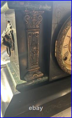Antique Seth Thomas Adamantine Pillar Mantle Clock marbled Green lions head runs