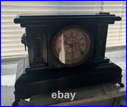 Antique Seth Thomas Adamantine Pillar Mantle Clock marbled Green lions head runs