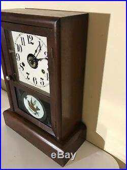 Antique Seth Thomas Alarm Mantle Gong Clock One Day Hand Painted Door with Key
