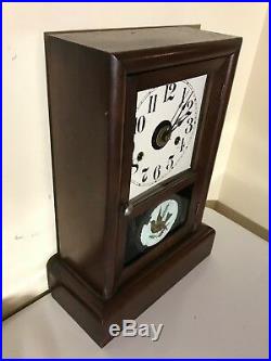 Antique Seth Thomas Alarm Mantle Gong Clock One Day Hand Painted Door with Key