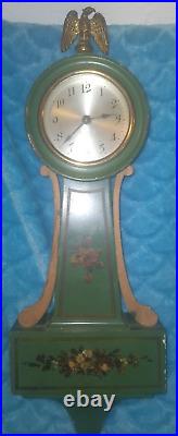 Antique Seth Thomas Banjo Clock Wall Works! Green Flowers Eagle Finial See Video