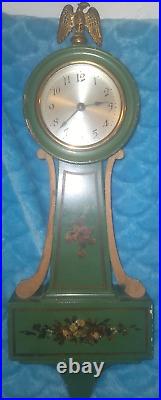 Antique Seth Thomas Banjo Clock Wall Works! Green Flowers Eagle Finial See Video