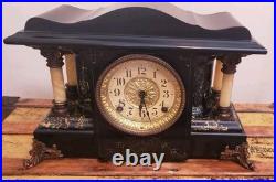 Antique Seth Thomas Black Adamantine Mantel Clock Faux Marble Pillars