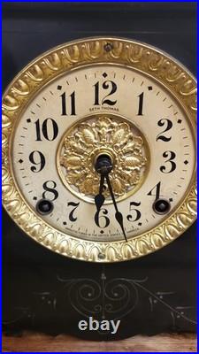 Antique Seth Thomas Black Adamantine Mantel Clock Faux Marble Pillars