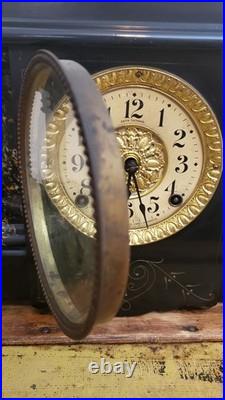 Antique Seth Thomas Black Adamantine Mantel Clock Faux Marble Pillars