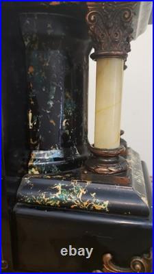Antique Seth Thomas Black Adamantine Mantel Clock Faux Marble Pillars