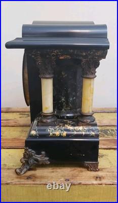 Antique Seth Thomas Black Adamantine Mantel Clock Faux Marble Pillars