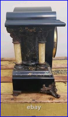 Antique Seth Thomas Black Adamantine Mantel Clock Faux Marble Pillars