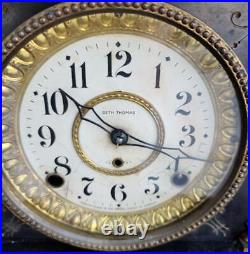 Antique Seth Thomas Black Adamantine Mantel Clock WITH KEY NEEDS TLC -1890s