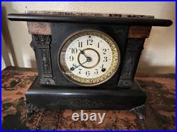 Antique Seth Thomas Black Mantel Clock Marbled Trims Hermes Side Mounts READ