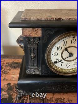 Antique Seth Thomas Black Mantel Clock Marbled Trims Hermes Side Mounts READ