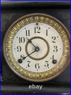 Antique Seth Thomas Black Mantel Clock Marbled Trims Hermes Side Mounts READ
