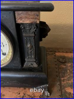Antique Seth Thomas Black Mantel Clock Marbled Trims Hermes Side Mounts READ