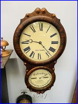 Antique Seth Thomas Double Dial Calendar Wall Clock 8-Day Time Only, Works Great