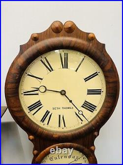 Antique Seth Thomas Double Dial Calendar Wall Clock 8-Day Time Only, Works Great