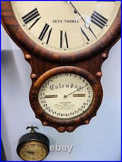 Antique Seth Thomas Double Dial Calendar Wall Clock 8-Day Time Only, Works Great