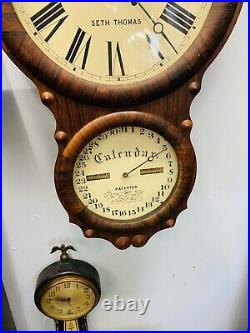 Antique Seth Thomas Double Dial Calendar Wall Clock 8-Day Time Only, Works Great