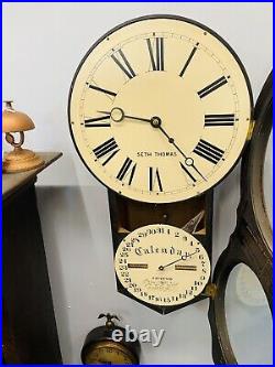 Antique Seth Thomas Double Dial Calendar Wall Clock 8-Day Time Only, Works Great