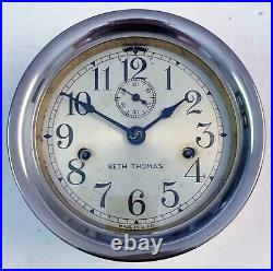 Antique Seth Thomas Engine Lever Ships Clock 8 Day Time Only Nickel Plated Case