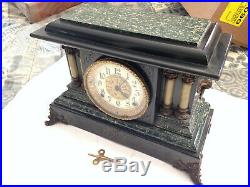 Antique Seth Thomas Green & Black Adamantine Mantle Clock Lions Heads Works