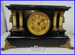 Antique Seth Thomas Mantle Clock Pendulum Green Black Adamantine Lions Heads