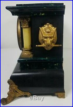 Antique Seth Thomas Mantle Clock Pendulum Green Black Adamantine Lions Heads