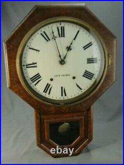 Antique Seth Thomas Oak Octagonal School Regulator Wall Clock Hour Chime Works