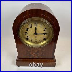 Antique Seth Thomas Round Top Tombstone Clock Runs, Chimes, Withkey, Inlay