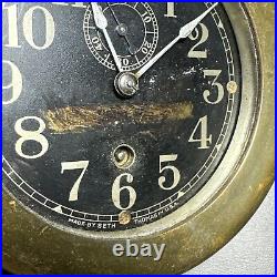 Antique Seth Thomas WWII Brass U. S. Ship Clock Working with Key Black Face Antique Seth Thomas WWII Brass U. S. Ship Clock Working with Key Black Face