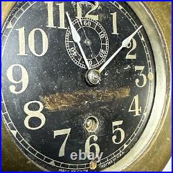 Antique Seth Thomas WWII Brass U. S. Ship Clock Working with Key Black Face Antique Seth Thomas WWII Brass U. S. Ship Clock Working with Key Black Face