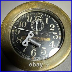 Antique Seth Thomas WWII Brass U. S. Ship Clock Working with Key Black Face Antique Seth Thomas WWII Brass U. S. Ship Clock Working with Key Black Face