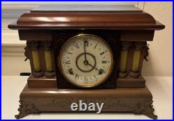 Antique Seth Thomas Wood Adamantine 4 Column Mantle Clock Lions Head SEE PHOTOS