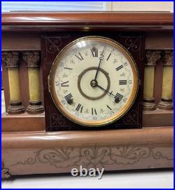 Antique Seth Thomas Wood Adamantine 4 Column Mantle Clock Lions Head SEE PHOTOS