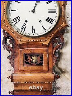 Antique USA Seth Thomas Drop Dial Strike Key Wound Clock W Carved Mahogany Case