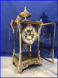 Antique USA Waterbury Crystal Strike, Regulator Brass Clock, Porcelain Dial