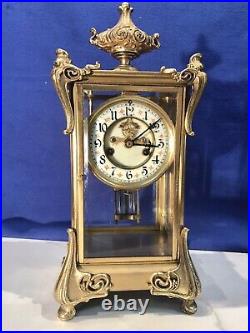 Antique USA Waterbury Crystal Strike, Regulator Brass Clock, Porcelain Dial