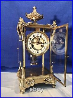 Antique USA Waterbury Crystal Strike, Regulator Brass Clock, Porcelain Dial